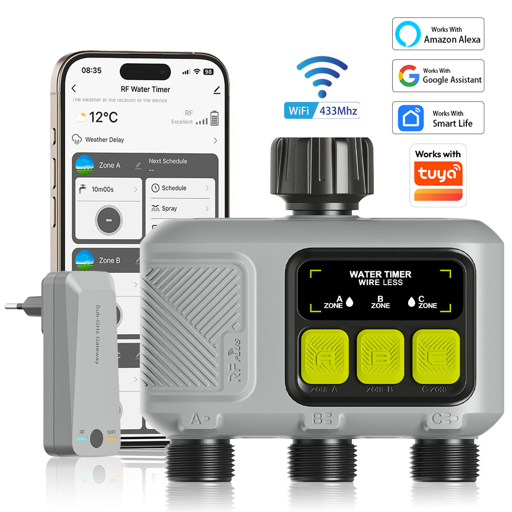 Tuya WiFi RF433 スマートガーデンスプリンクラータイマー、2ゾーン給水タイマー、雨水遅延フィルター、プログラム可能な自動灌漑