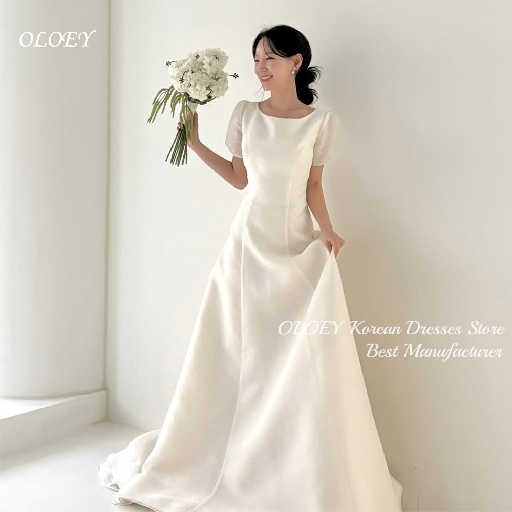 OLOEY エレガントな韓国アイボリーのウェディングドレススクープネックパフスリーブシンプルな A ライン床の長さの花嫁衣装 Vestidos デ ノビア
