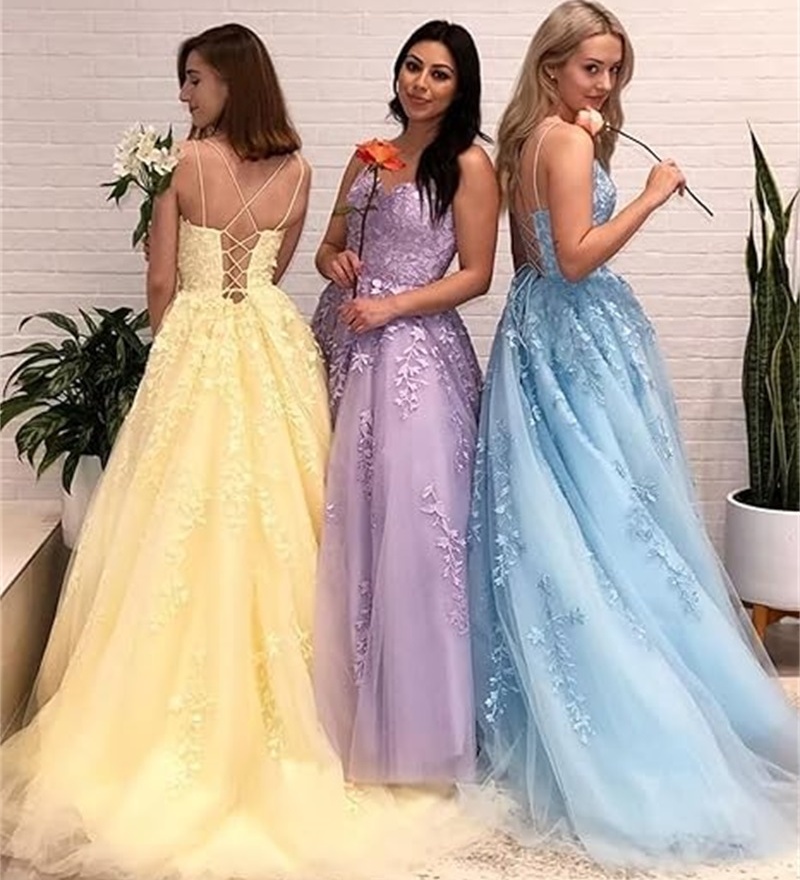 カスタマイズされたレースのアップリケチュールウエディングドレス V ネックスパゲッティストラップイブニングドレス女性のための A ラインフォーマルパーティーロングボールガウン