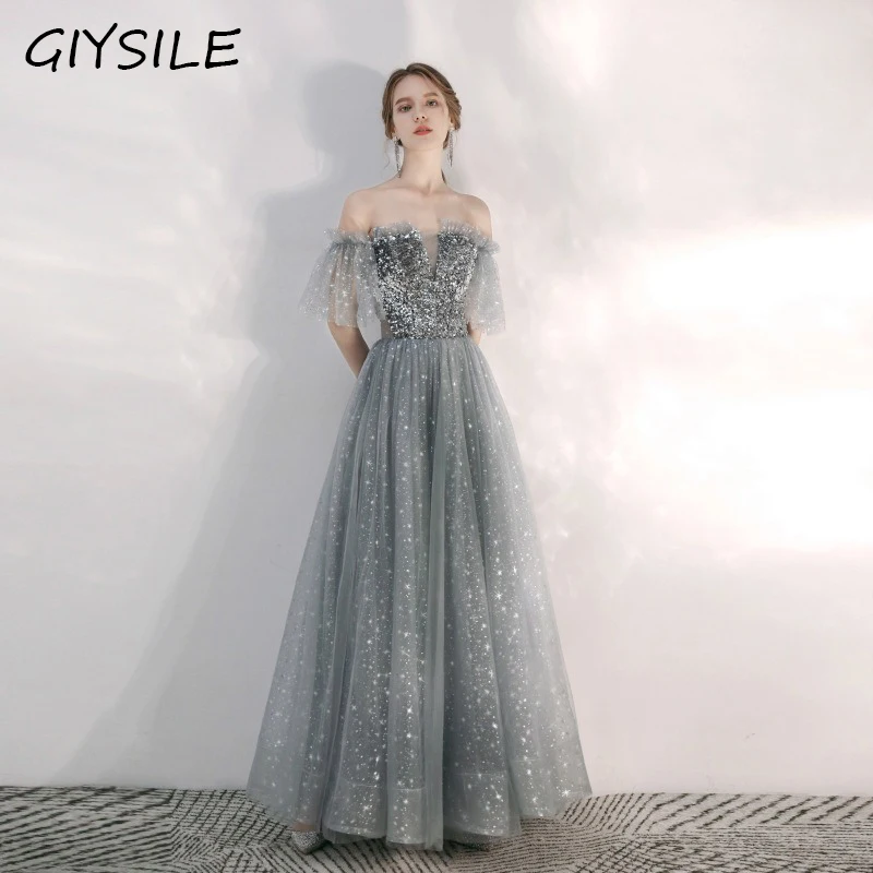 GIYSILE ワンショルダーイブニングドレス新シルバーグレーのイブニングドレス Maix 光沢のあるドレスパーティードレス女性のイブニング Vestidos デ · フィエスタ