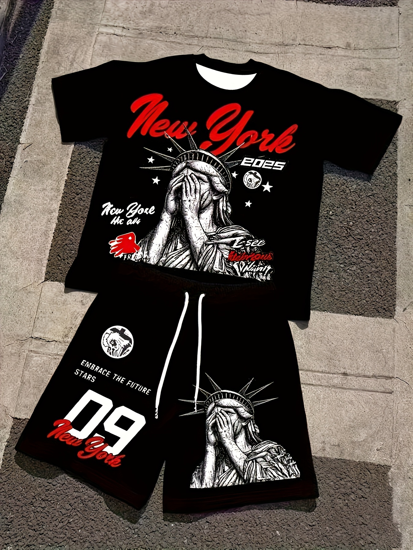 男性ヴィンテージレターナンバーグラフィックツーピーストラックスーツクルーネック Tシャツ弾性ウエストカジュアルランニングショーツストリートスポーツ衣装