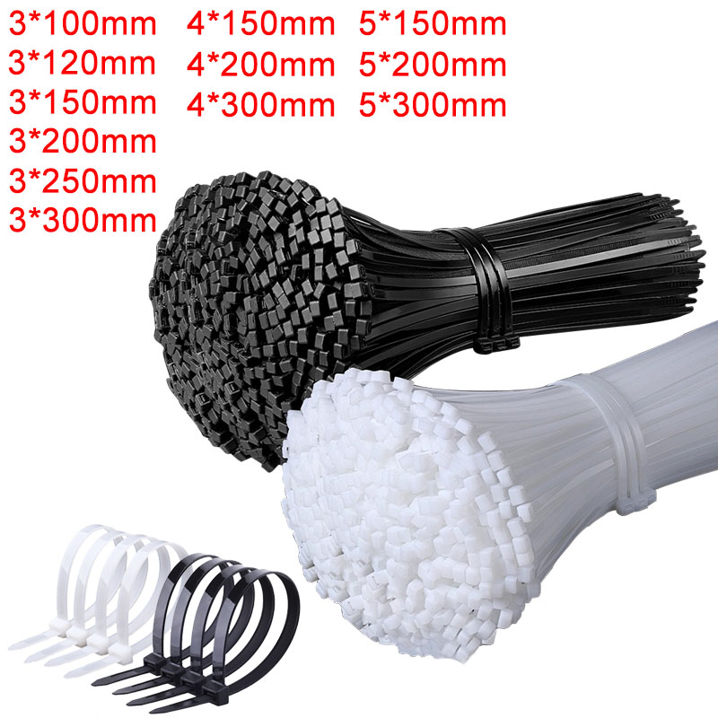 250/500/1000 個セルフロック白黒プラスチックナイロンケーブルジップタイ固定リングナイロンクランプストラップロック付き 3*100 4*300 ミリメートル