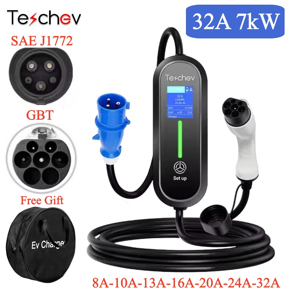 Teschev タイプ 1 ポータブル EV 充電器 7KW 32A 1 相ウォールボックス GBT EVSE 高速充電ケーブル CEE プラグ電気家庭用充電ステーション