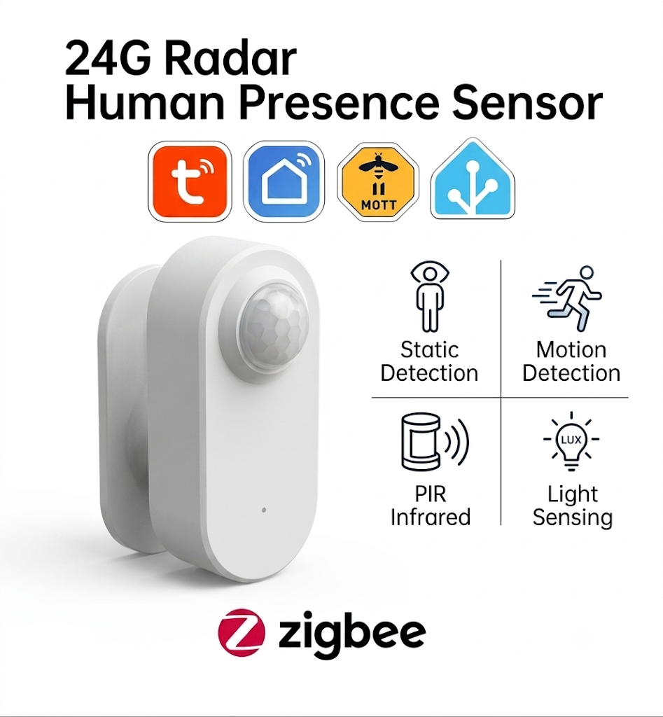 Tuya 人感センサー スマート Zigbee 24G MmWave レーダー PIR、輝度検出 バッテリー使用サポート Zigbee2mqtt ホームアシスタント