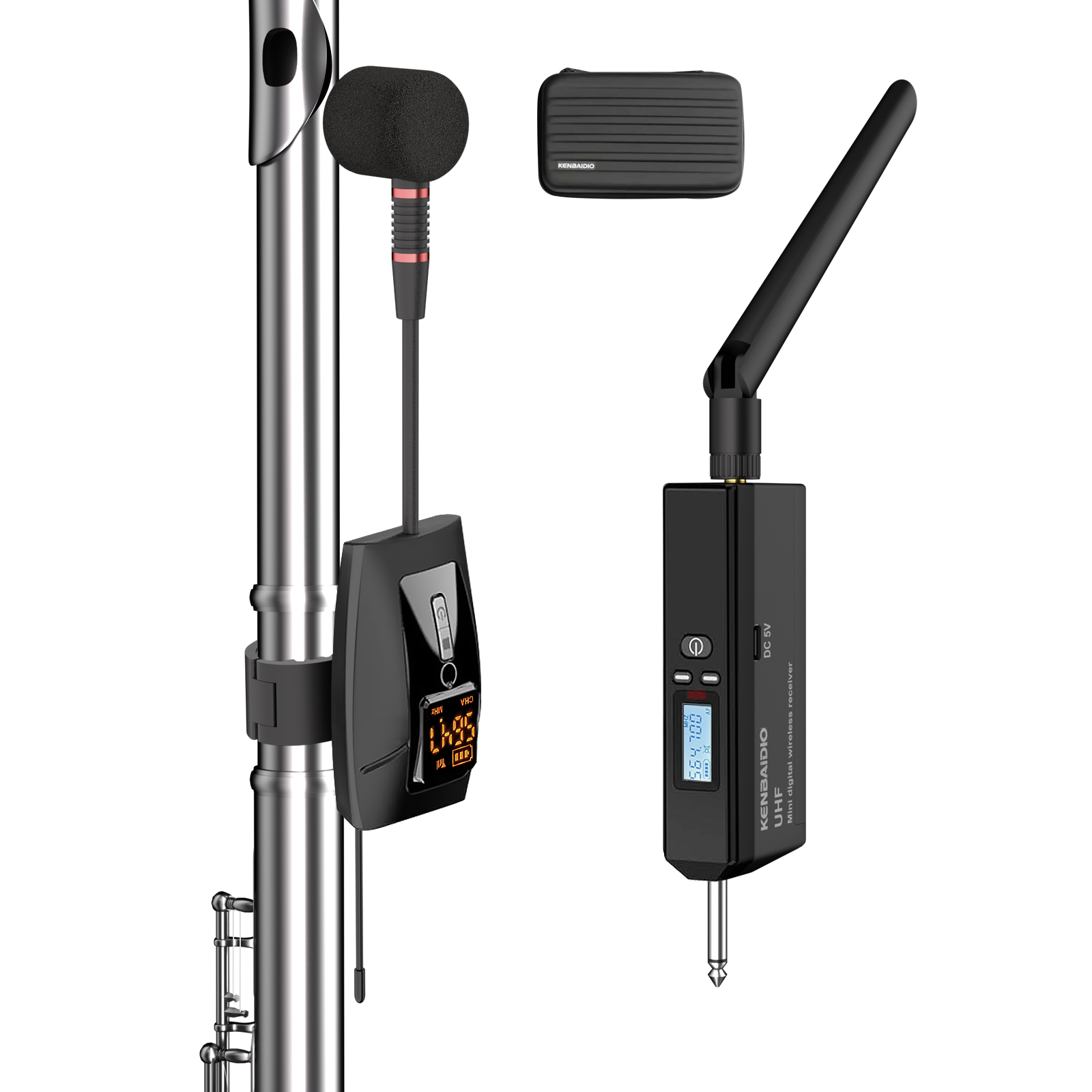 KENBAIDIO U-740 UHF ワイヤレスフルートマイク 60 メートル長距離管状楽器クリップ付き、フルート、ピッコロに最適