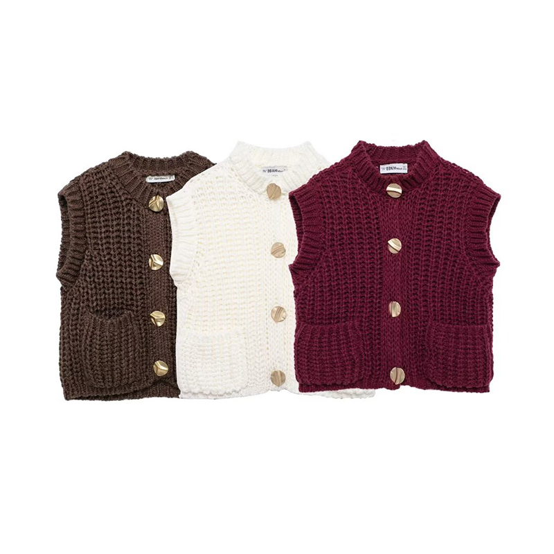 Willshela 女性ファッションポケット付きソリッドシングルブレストニットベストタンクトップヴィンテージ O ネックノースリーブ女性シックな女性トップ