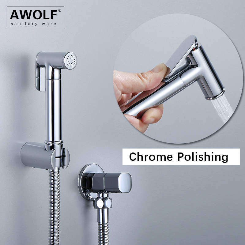 Awolf クローム衛生シャワーヘッドソリッドブラスシルバーハンドヘルドトイレビデスプレーセットトイレ充填バルブビデシャワー AP2246