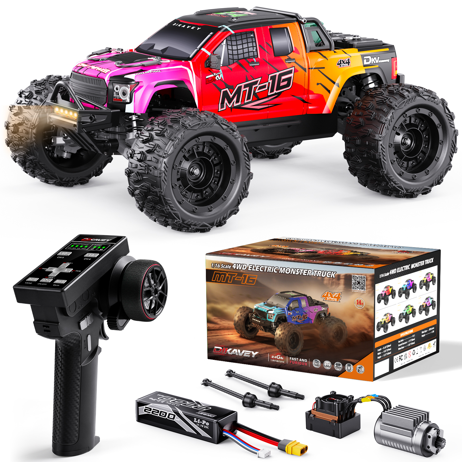 DIKAVEY 1/16 50MPH ブラシレス 4WD RC モンスタートラック、全地形対応リモートコントロールカー、3S 2200mAh バッテリー付き