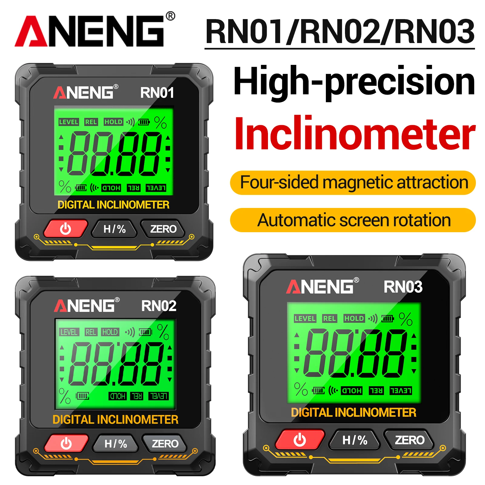ANENG RN01/RN02/RN03 傾斜計高精度 0.05 °四面磁気吸引角自動反転測定器