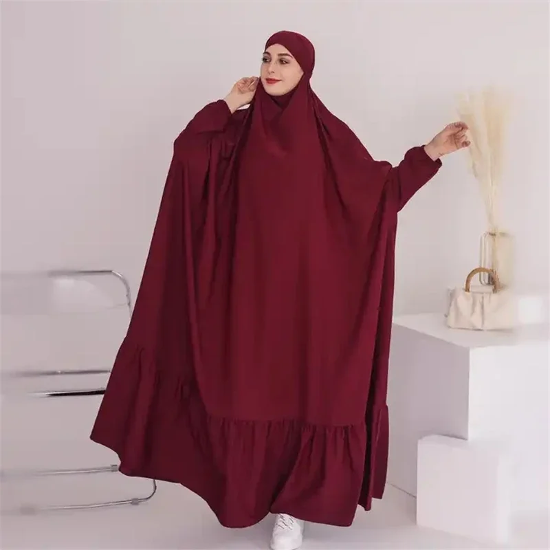 イスラム教徒の女性ローブワンピース祈りのドレスフード付きアバヤ長袖フリル裾イスラム服ドバイサウジローブトルコ謙虚
