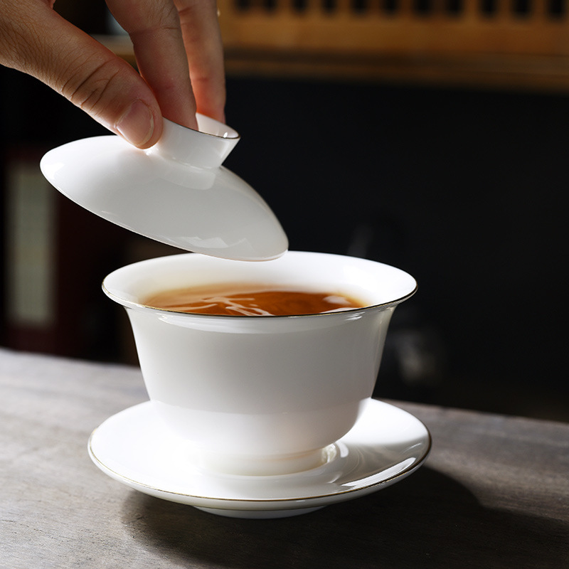 白磁 Gaiwan ティーボウルセット蓋ソーサー翡翠のようなセラミックカンフーティーカップホームオフィス醸造用