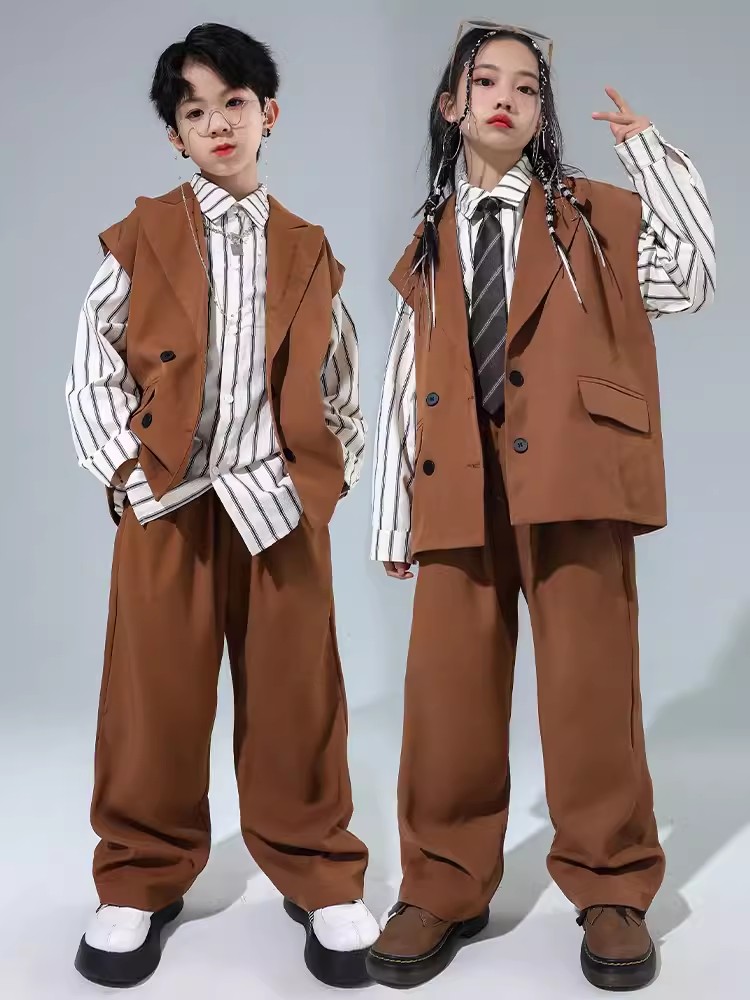 新しいヒップホップ子供服ブラウンベストパンツ長袖シャツボーイズストリートダンスブレイキングパフォーマンス衣装女の子スーツBL11850