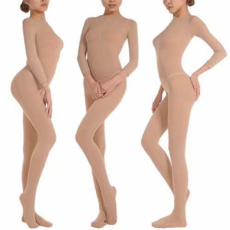 肌色ダンスストッキング服ワンピースストッキングセクシーなパッド入り肌色長袖オープンクロッチなし全身B