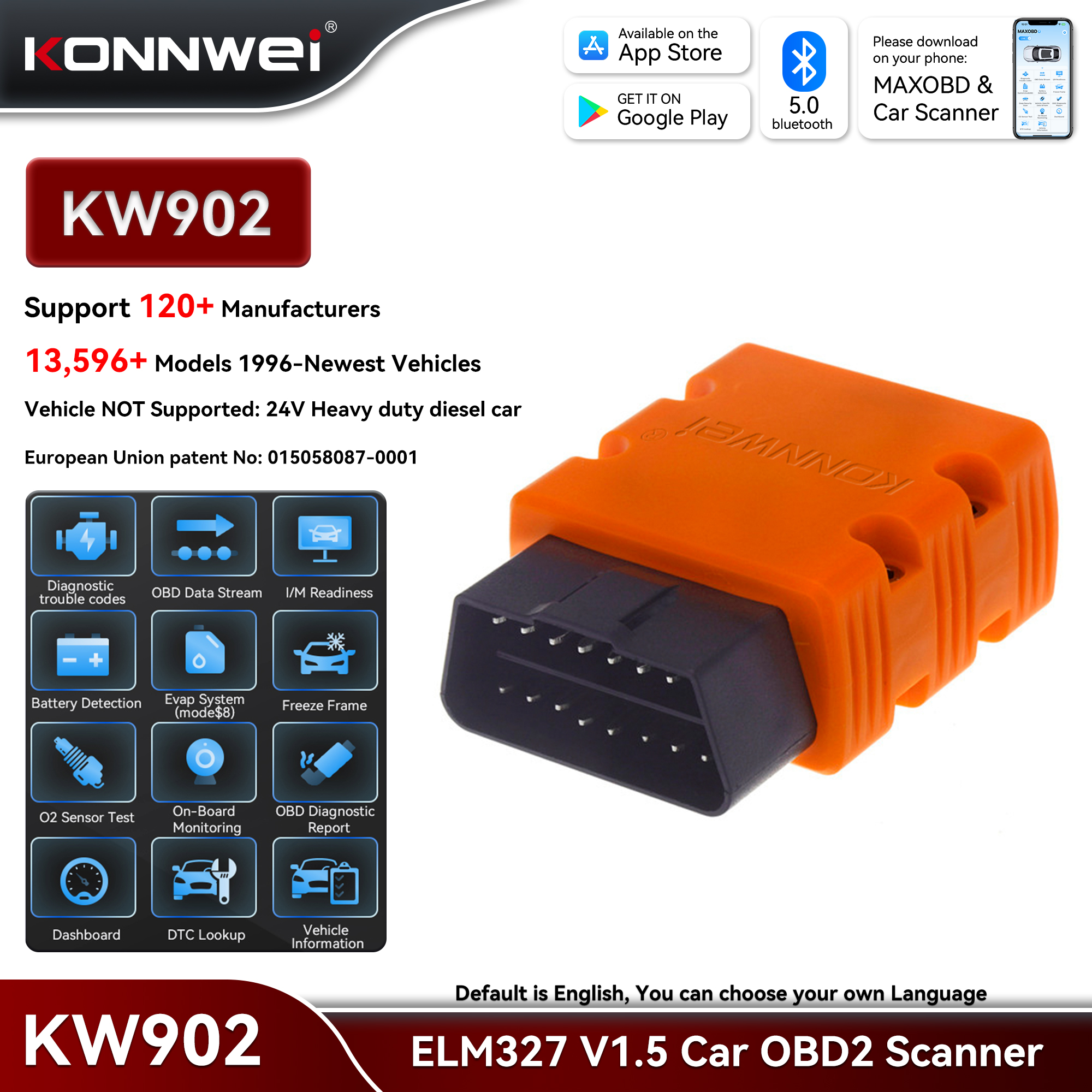 2026 KONNWEI KW902 OBD2 ELM327 V1.5 OBDII スキャナ Bluetooth5.0 エンジン障害スキャンコードリーダー iOS Android 用車診断ツール