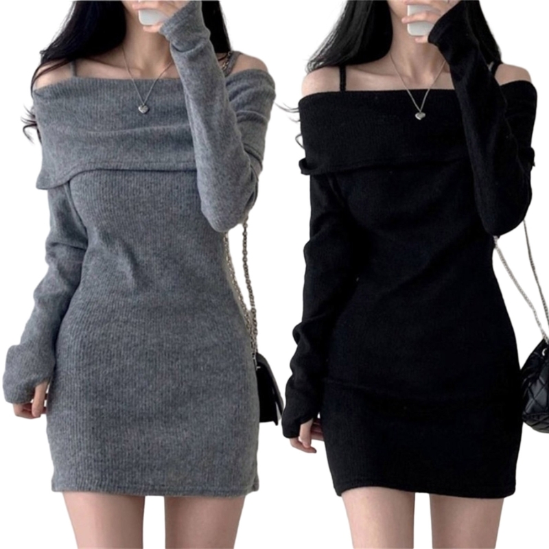 黒のニットミニドレスオフショルダー長袖ドレス鎖骨を見せます