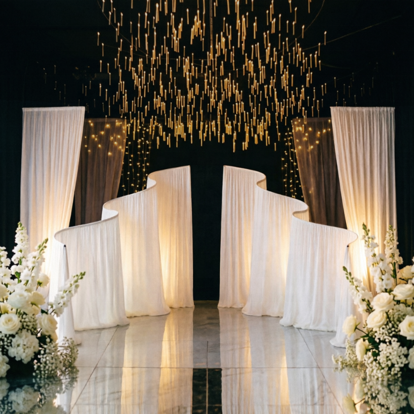 S字型波湾曲背景スタンド ホワイトシフォンカーテン付き 結婚式ステージ背景フレーム パーティーイベント写真ブース装飾