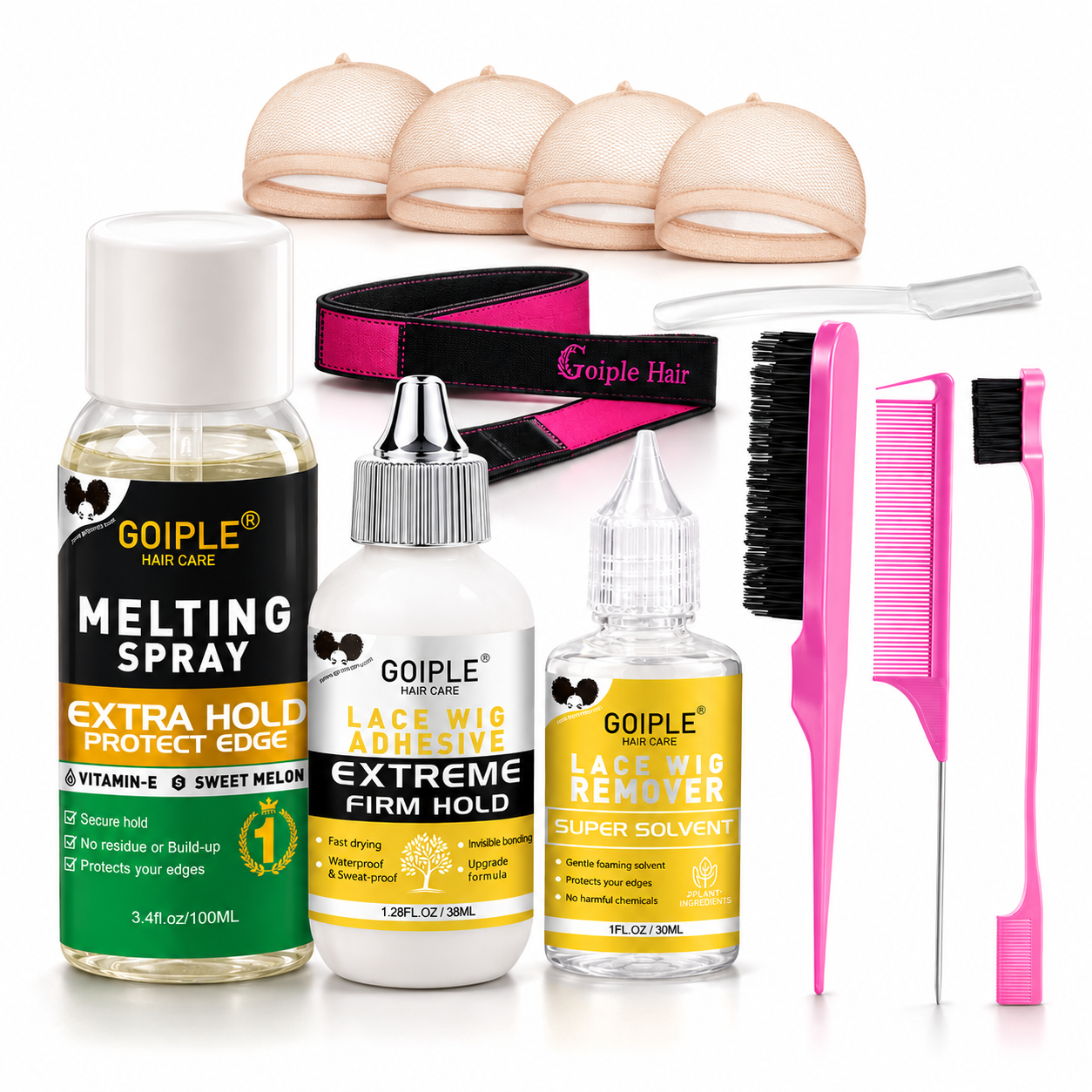GOIPLE Complete Wig Install Kit - Waterproof Lace Glue, Edge Melting Spray, Remover & Essential Styling Tool Set for Beginner