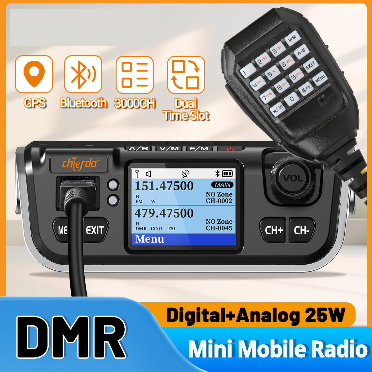 Chierda M520D DMR ミニデジタルモバイルラジオ 25 ワット GPS デュアルバンド DTMF VHF UHF FM Bluetooth 長距離 300CH トランシーバー