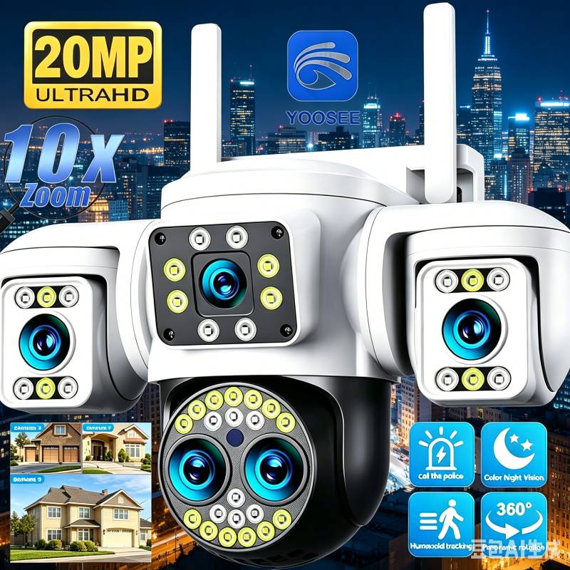 20MP セキュリティカムセキュリティ保護 10K WiFi カメラ屋外 4 レンズトリプルスクリーン 10X ズーム 360° CCTV 監視 Yoosee