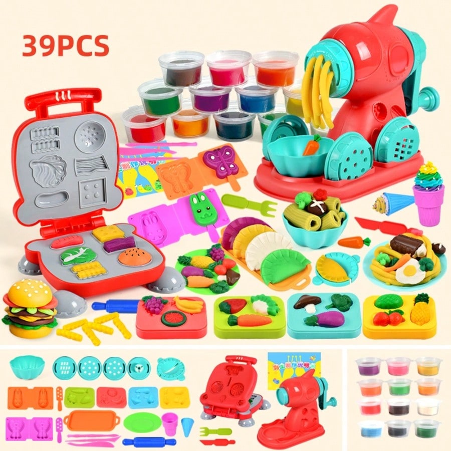子供の日のベストギフト 3-in-1 カラー生地キッチンセット 子供用 3-8 24色 アイスクリーム/ヌードル/ハンバーガーメーカー付き 食品モデリングごっこ遊びおもちゃ fo