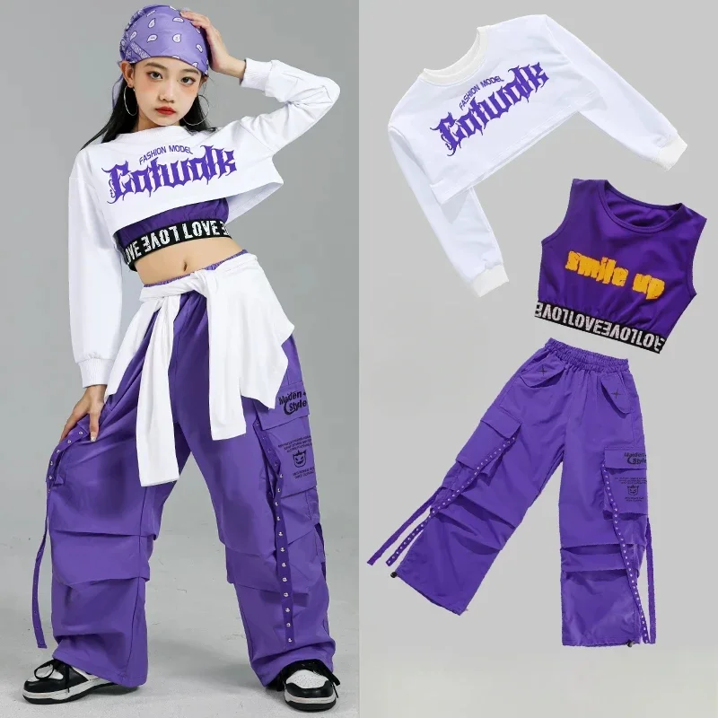 子供ストリートダンス衣装子供ストリートグループジャズ服セットヒップホップ女の子ファッション K-POP クロップトップ紫色のカーゴパンツ