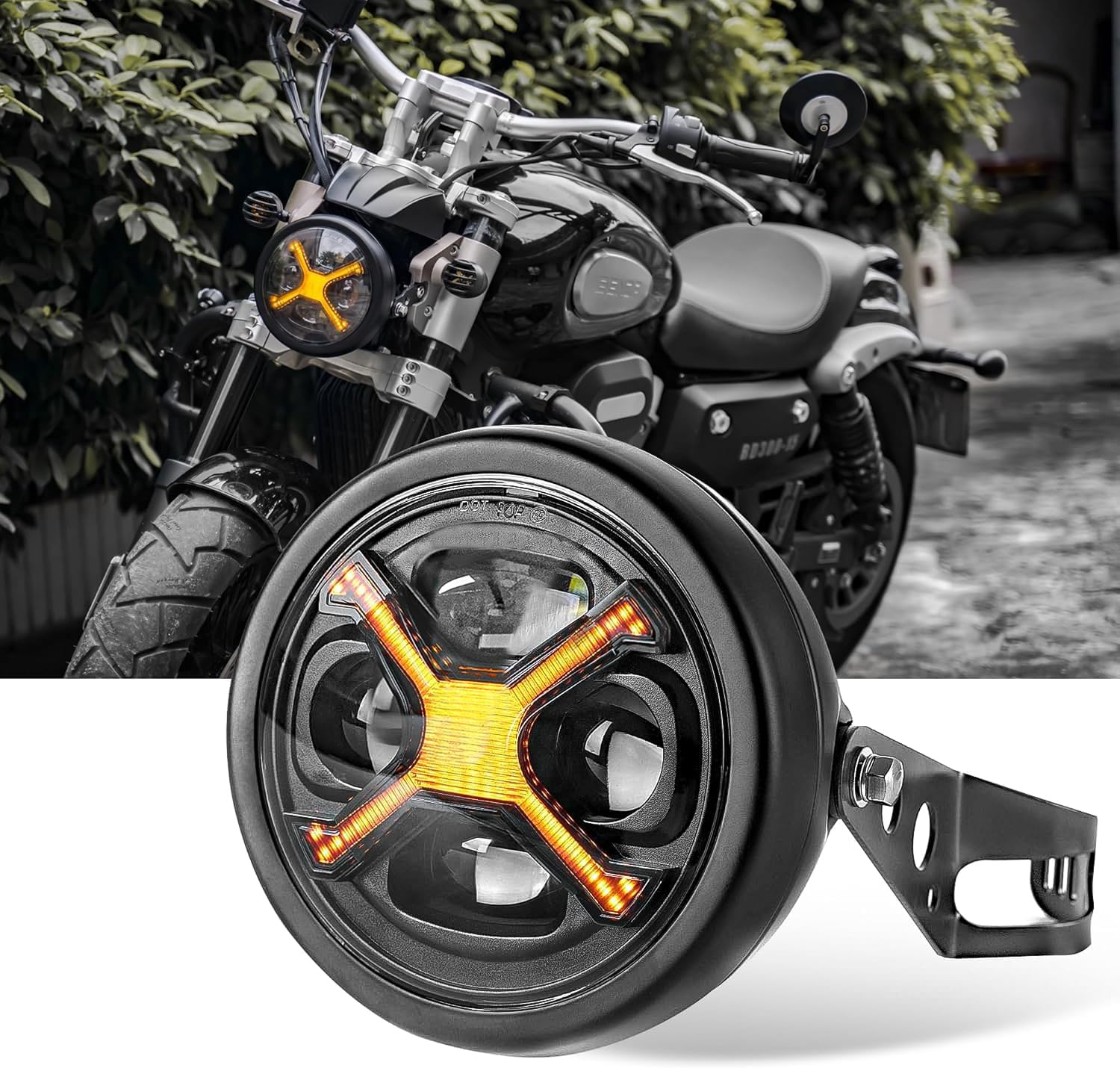 5-3/4インチ アンバー X DRL LED ヘッドライトキット ブラックナイト プロジェクションヘッドライト ハーレー ダイナ ストリート ボブ スーパー グライド用