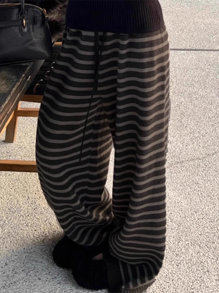 原宿コントラストカラーストライプ女性ワイドレッグパンツヴィンテージグランジルーズニットパンツ Y2K アメカジレディストレートズボン