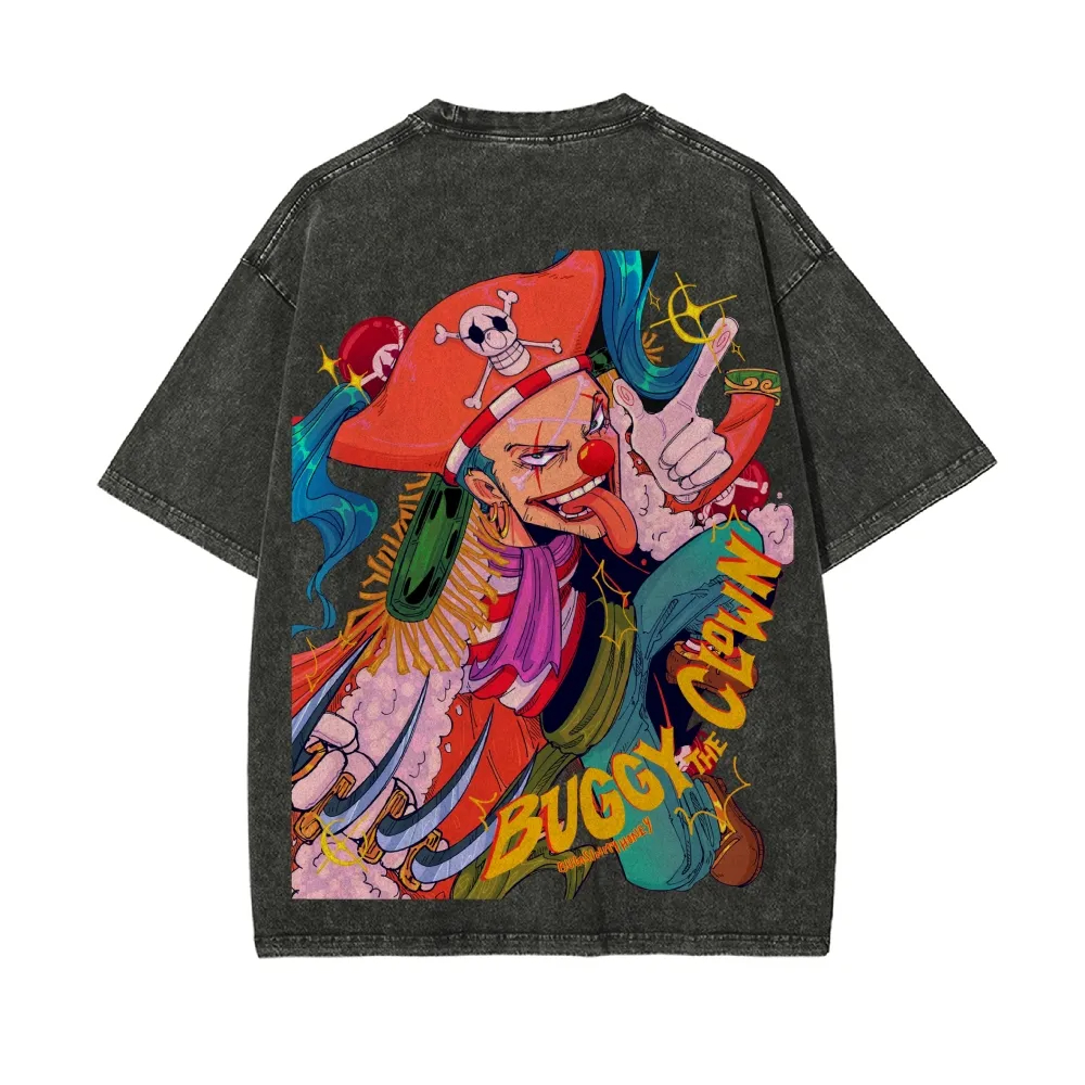 ヴィンテージウォッシュワンピースバギーザピエロ Tシャツオールドルーズアニメーションプリントストリートスタイル半袖夏メンズレディーストップス