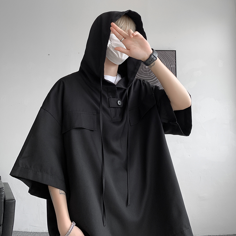 5 色夏のフード付き Tシャツ男性韓国半袖プルオーバーストリートルーズ Tシャツトップス巾着男性服