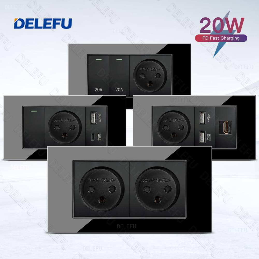 DELEFU ガラス SC70 パネル 145 ミリメートル黒イスラエル標準 USB C タイプ急速充電壁ソケットスイッチテレビ電話 CAT5 CAT6