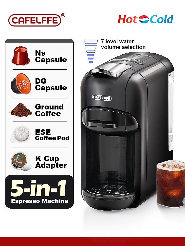 Cafelffe 5 in 1 マルチカプセルコーヒーマシンホット/コールド DG カプチーノネスプレッソカプセル ESE ポッドグラウンドコーヒーカフェテリア 19Bar