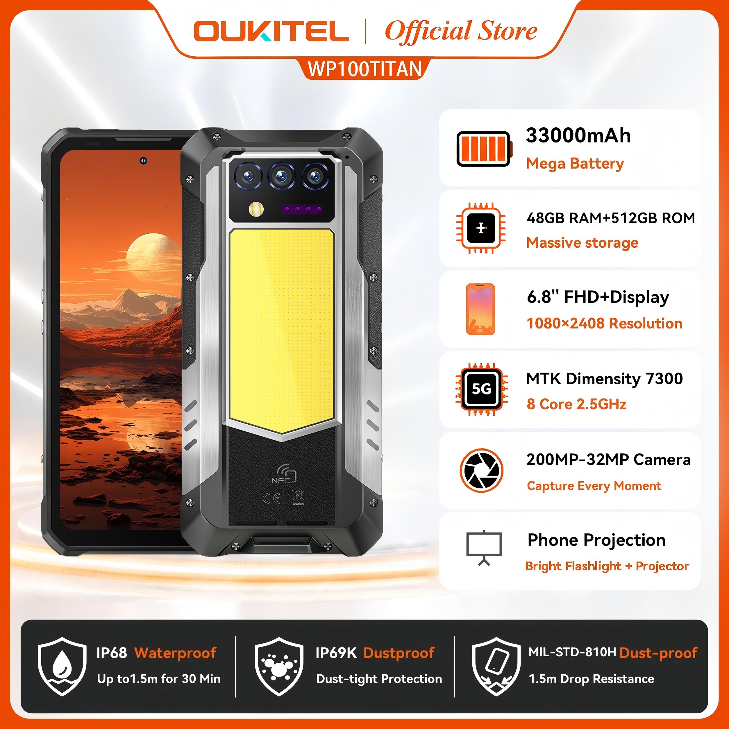 Oukitel WP100 Titan 頑丈な電話 33000mAh 66W 充電器 200MP カメラ内蔵プロジェクター キャンプ ライト 携帯電話、NFC 5G スマートフォン
