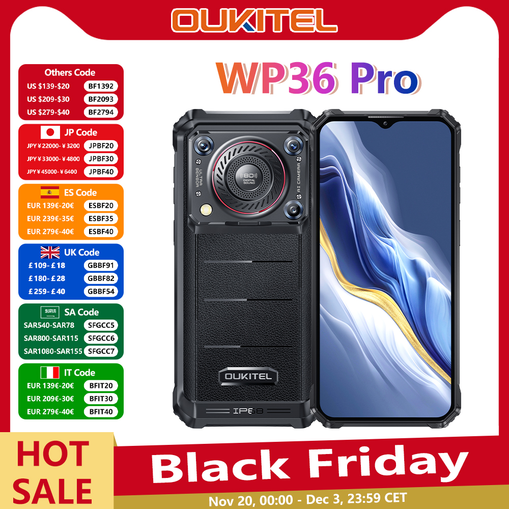 Oukitel WP36 プロ​​頑丈なスマートフォン 6.52 "HD 60Hz 10600 mAh 6GB 256GB 携帯電話 Android 14 13MP 5MP NFC 携帯電話