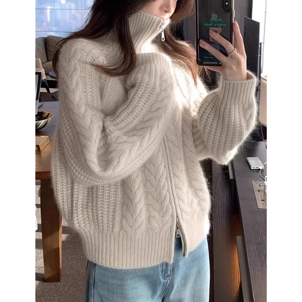ヨーロッパハイネックジッパーカシミヤカーディガン女性の秋冬肥厚セーターウールニットセーターツイストコートラペルトップ