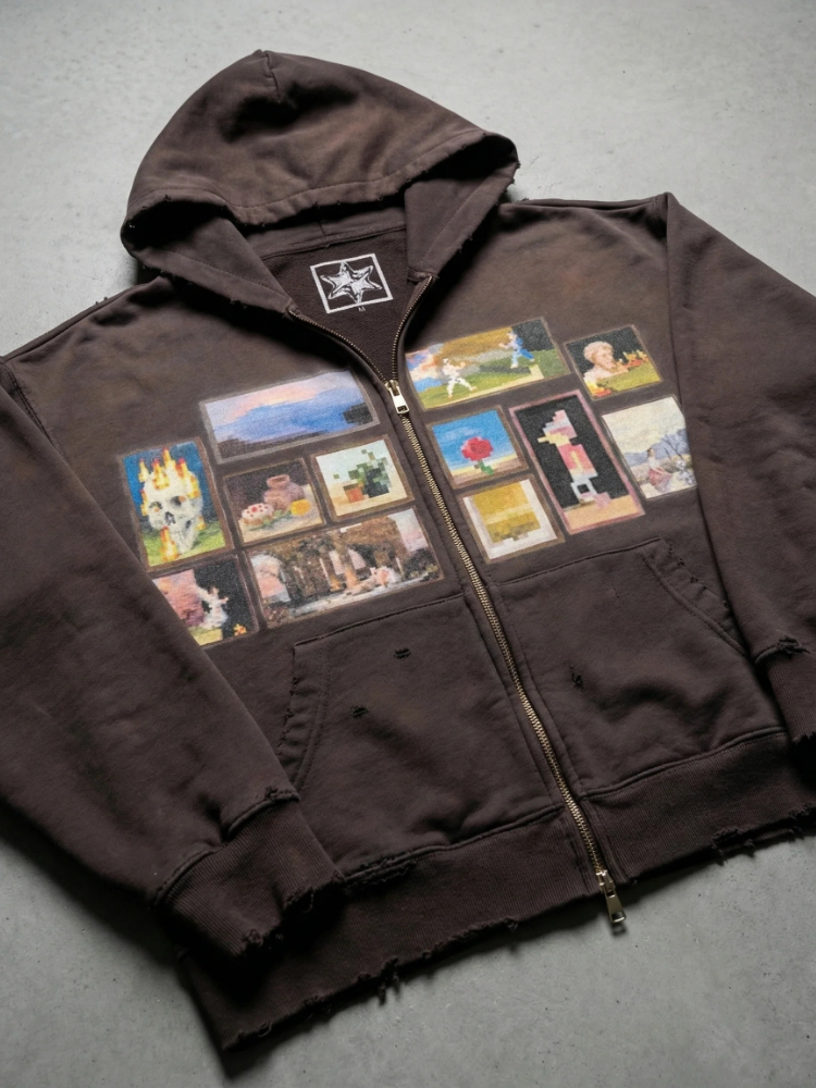 Y2K レトロギャラリーパーカーブラウンピクセル絵画アートパターンジップアップスウェットシャツトレンディなクラシックストリートユニセックスオーバーサイズ服