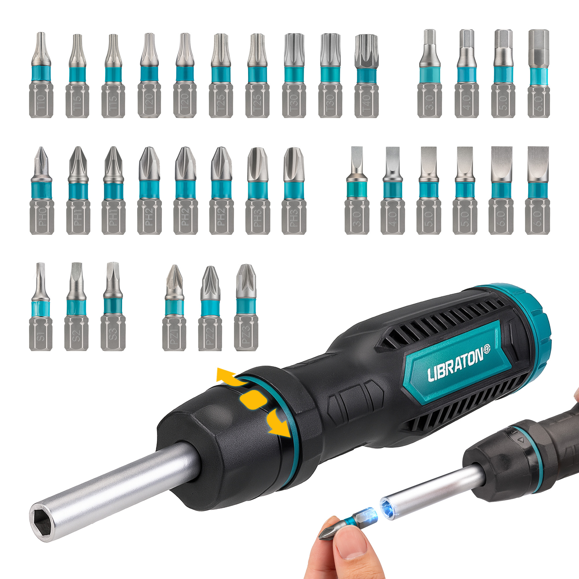 LIBRATON 33-in-1 ラチェットドライバー 1/4 インチ磁気ネジハンドツールアタッチメントマルチビットラチェットドライバーセット自動車 DIY 用