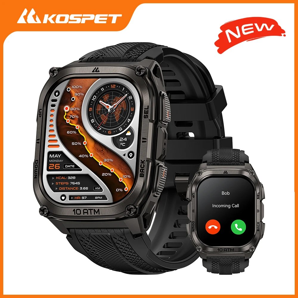 KOSPET Tank M4 スマートウォッチ ステンレススチール 6-Sat GPS オフラインマップ 10ATM 防水 45M ダイビング 24/7 ヘルスモニター Android iOS 用