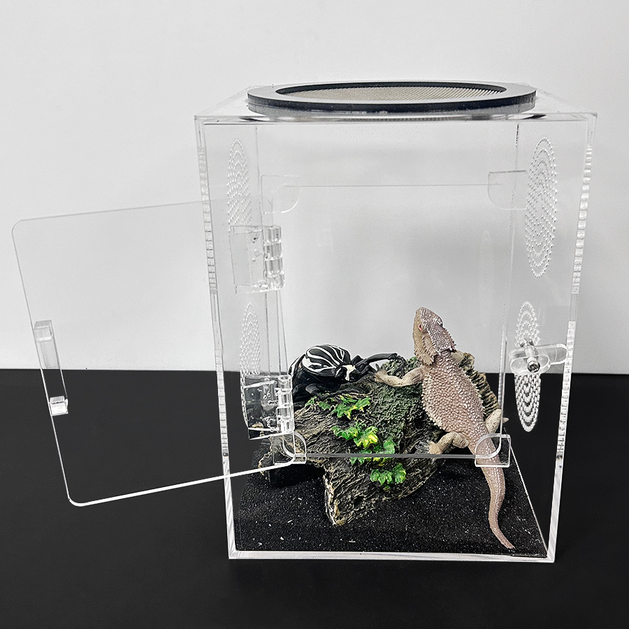 1 ピース透明小型水陸両用爬虫類飼育アクリルタンクトカゲ、ヘビ、昆虫用、通気性穴、ネットとドア付き