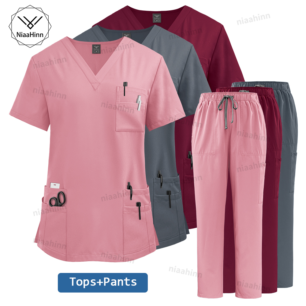 高品質の医療服女性制服ナース白衣ユニセックス卸売トップスとパンツスーツ看護スクラブ制服セット