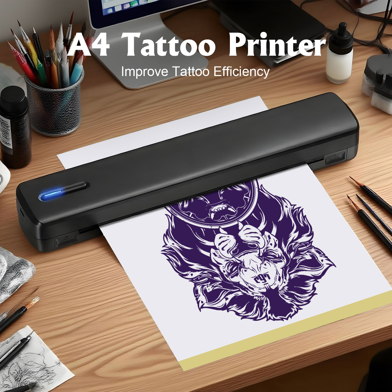 ポータブル A4 サーマル プリンター、タトゥー テンプレート プリンター、1500mAh 充電式バッテリー、ワイヤレス接続、APP 接続。