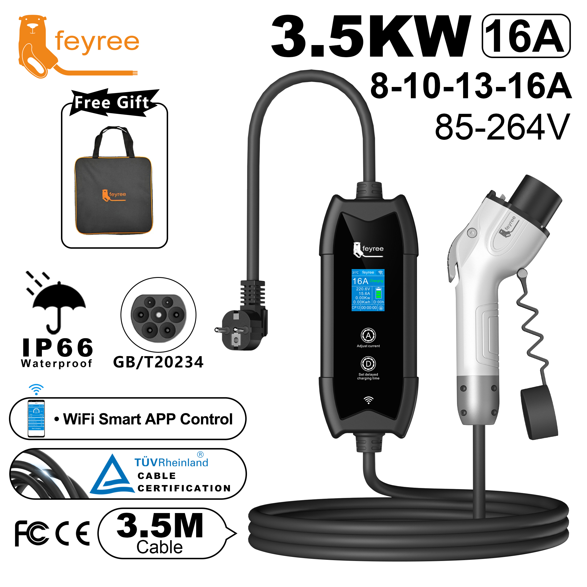 Feyree GB/T ポータブル EV 充電器 3.5 メートルケーブル WIFI APP 制御付き 16A 3.5kW セット充電
