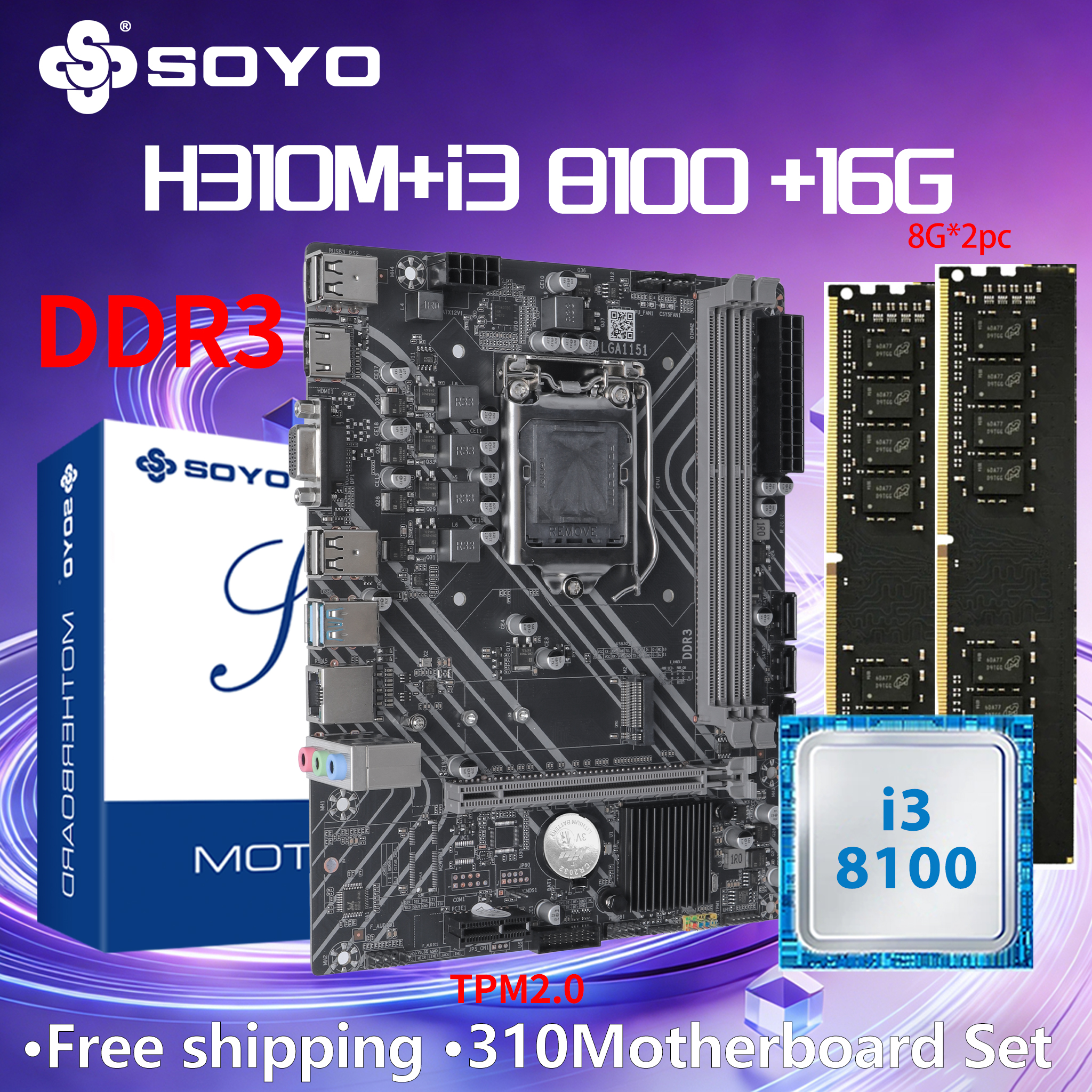 SOYO H310M DDR3 Motherboard i3 8100 CPU 16G=8G*2 RAM Intel LGA1151 TPM2.0 Computer Combo Kit Xeon PC GAME PCIE3.0*16 Mainboard
