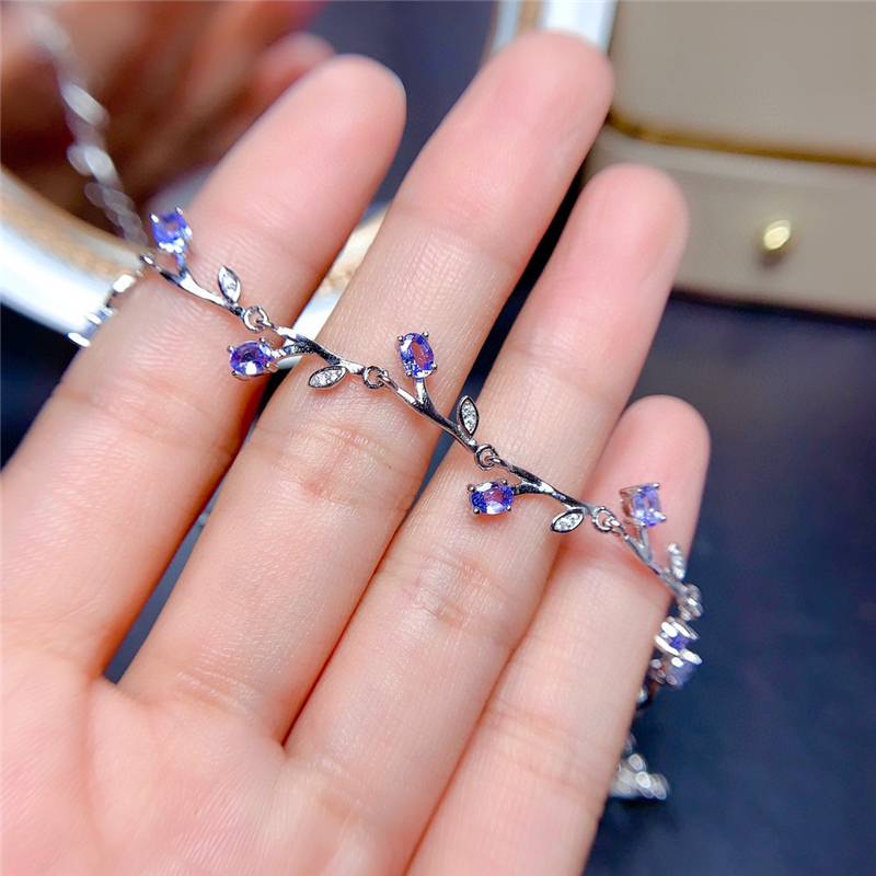 WEAINY 天然タンザナイト チェーンリンク ブレスレット リーフ スタイル S925 スターリング シルバー ブレスレット 天然宝石 誕生石 証明書付き