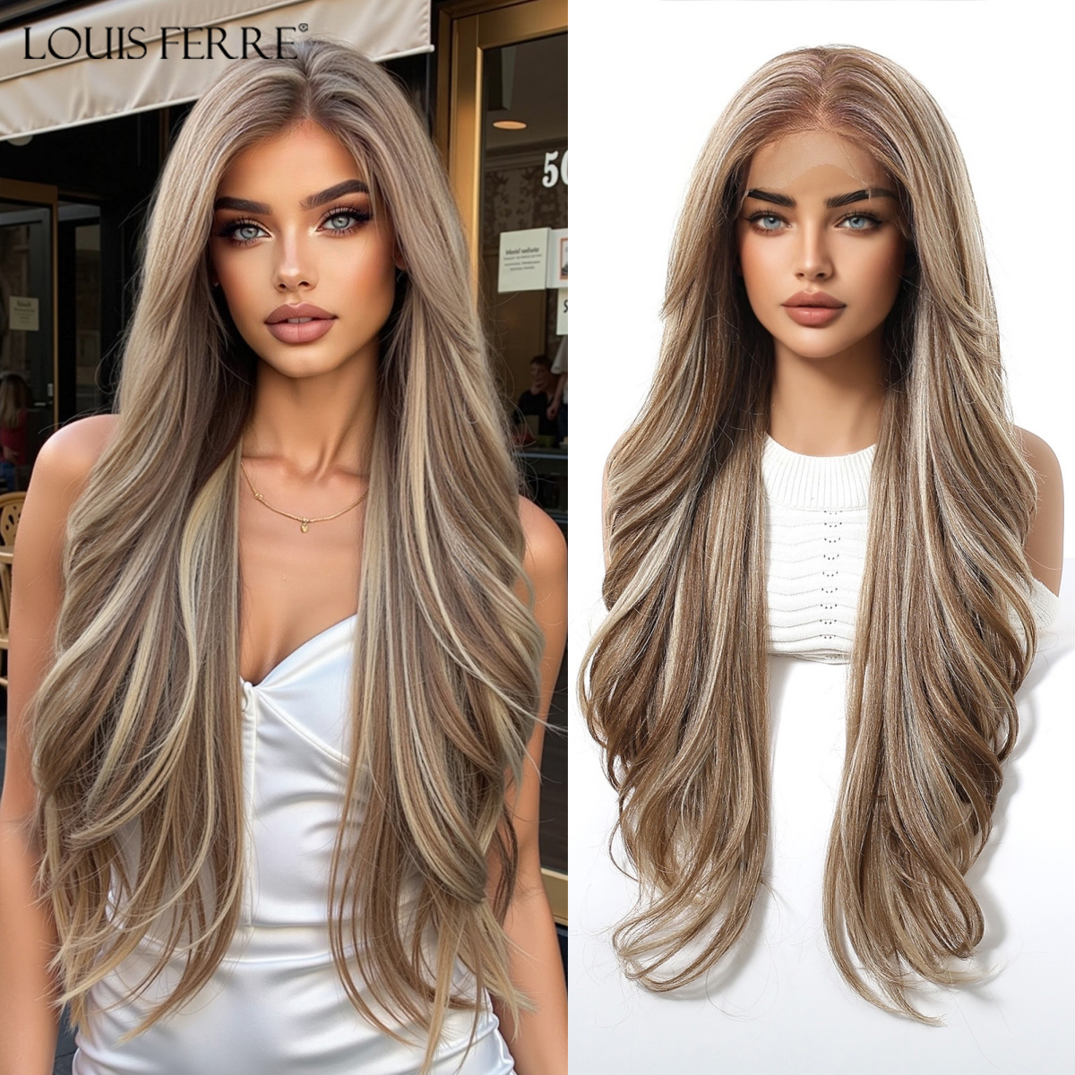 ハイライトブラウンブロンドかつら女性のための日常パーティー使用ロング実体波偽毛ナチュラルヘアライン 13*6 レース前頭合成かつら