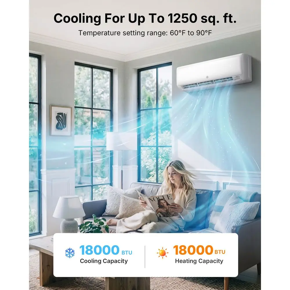 BTU ミニ スプリット エアコン 230V、20 SEER2 AC アンプ ヒート ポンプ、最大 1250 平方フィート用の静かなダクトレス システム、R32 冷媒、Wi