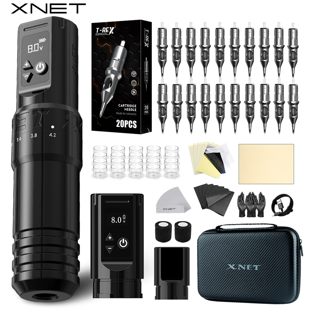 XNET T1 ワイヤレスタトゥーマシンフルキット 20 針 7 ストロークカスタムモーター 2400mAh タトゥーペンセット初心者用タトゥーアーティスト用