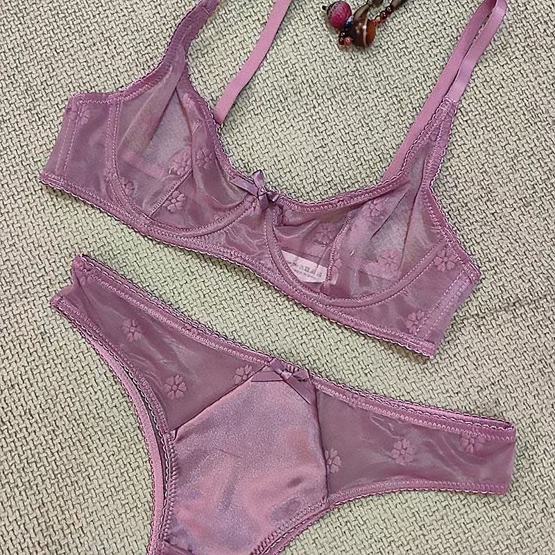 フランスの極薄女性下着セットセクシーなレースの花の刺繍ブラジャー紫色のロマンチックなプッシュアップブラセット透明ランジェリー