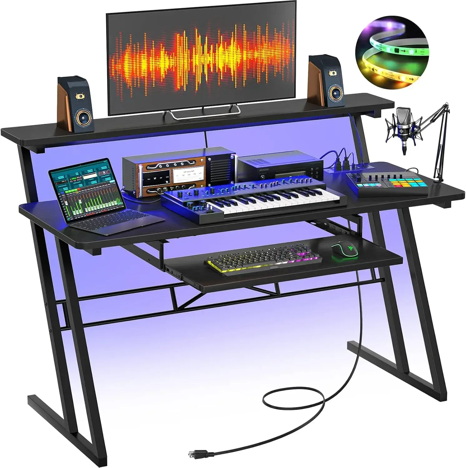 音楽スタジオデスク、電源コンセントとRGB LEDライト付き音楽制作ワークステーション、レコーディングスタジオテーブルデスク音楽制作