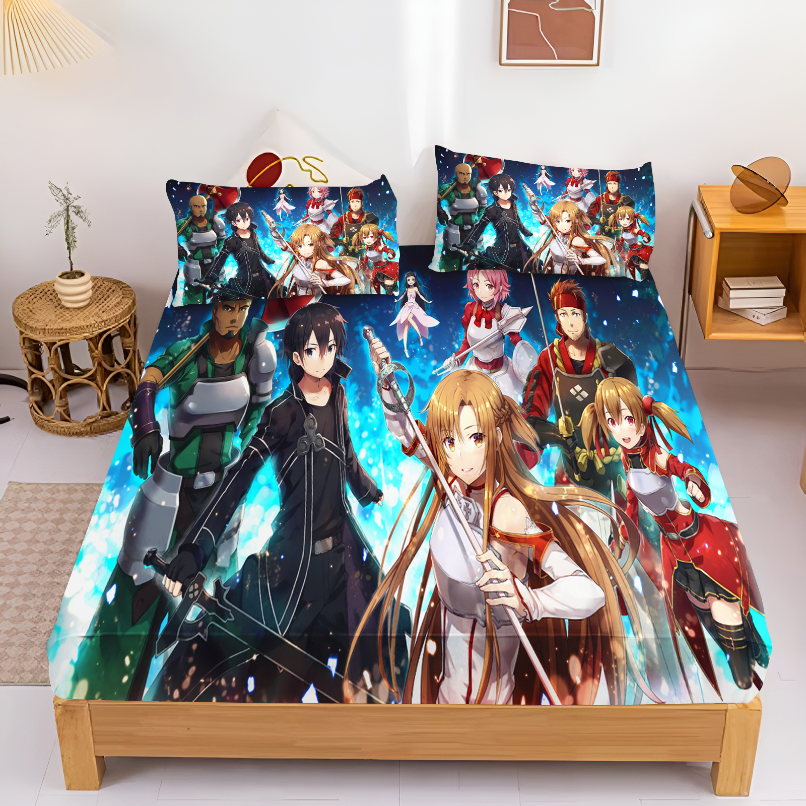 アニメソードアートオンラインボックスシーツプリント寝具セットソフトマイクロファイバーベッドリネンツインフルクイーンキングサイズアニメ寝室