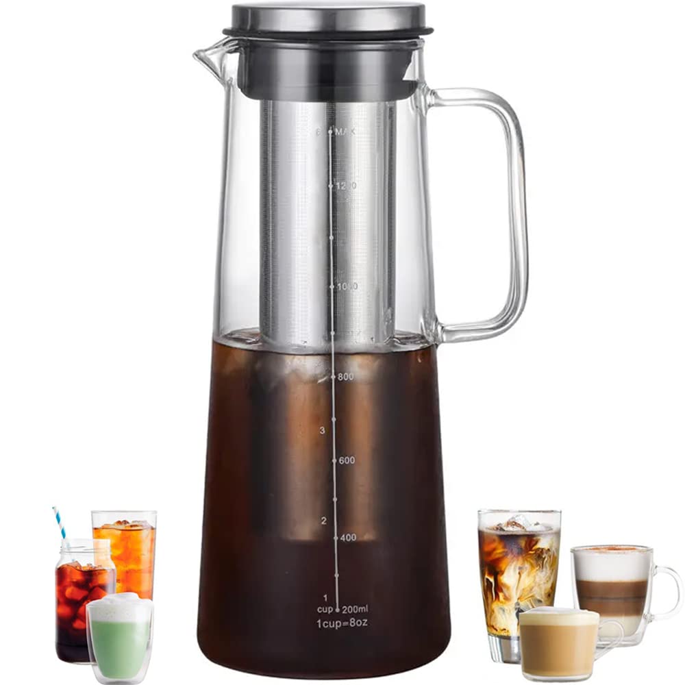 Leeseph 気密水出しアイスコーヒーメーカーとティーインフューザー - 1.0L / 34オンスのガラスカラフェ、取り外し可能なステンレススチールフィルター付き